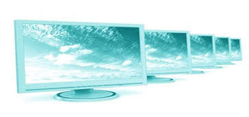 line of repeating monitors with clouds on the screens; blush tint to everything