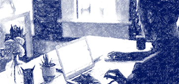 grainy image of man working at desk on laptop