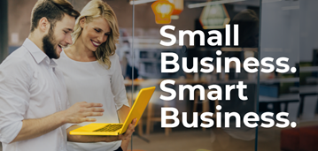 Man and woman on laptop with Small Business. Smart Business. graphic.