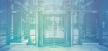 Bank Center entrance with blue-green color filter